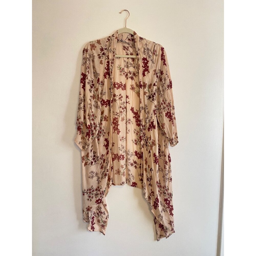 Patrons Of Peace Women’s Pink Floral Open-front Kimono Cardigan Size M